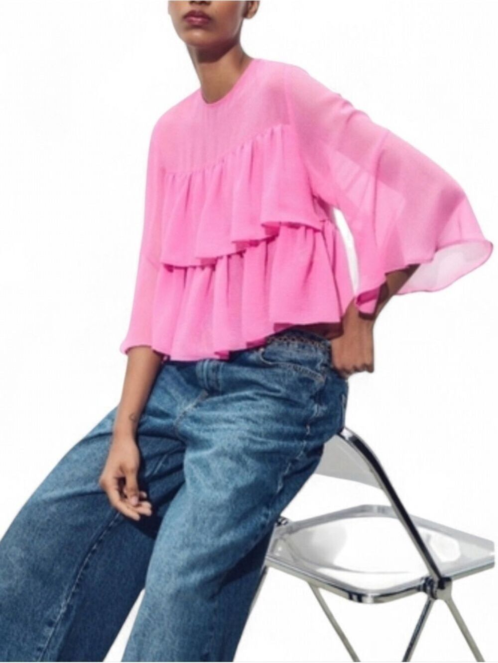 Zara Bubblegum Pink Chiffon Tiered Ruffle Blouse XS - Picture 2 of 9